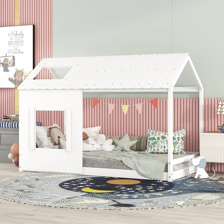 HBRR Twin Size House Bed, Wood Cabin Bed Frame with Roof and Window, Montessori Floor Bed for Kid... | Amazon (US)