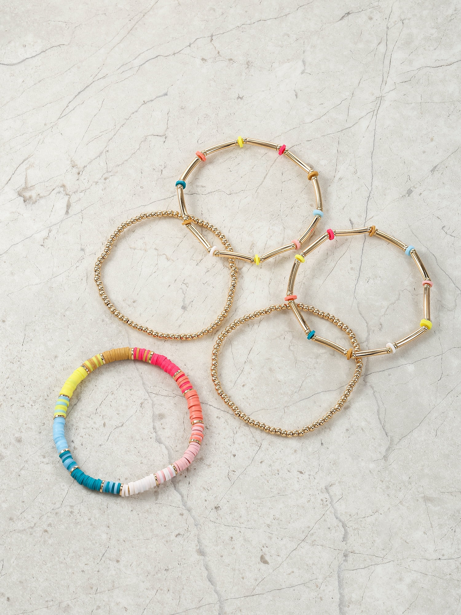 Time and Tru Goldtone Stretch Beaded Bracelet Set, Multicolored Beads, 5 Pieces | Walmart (US)