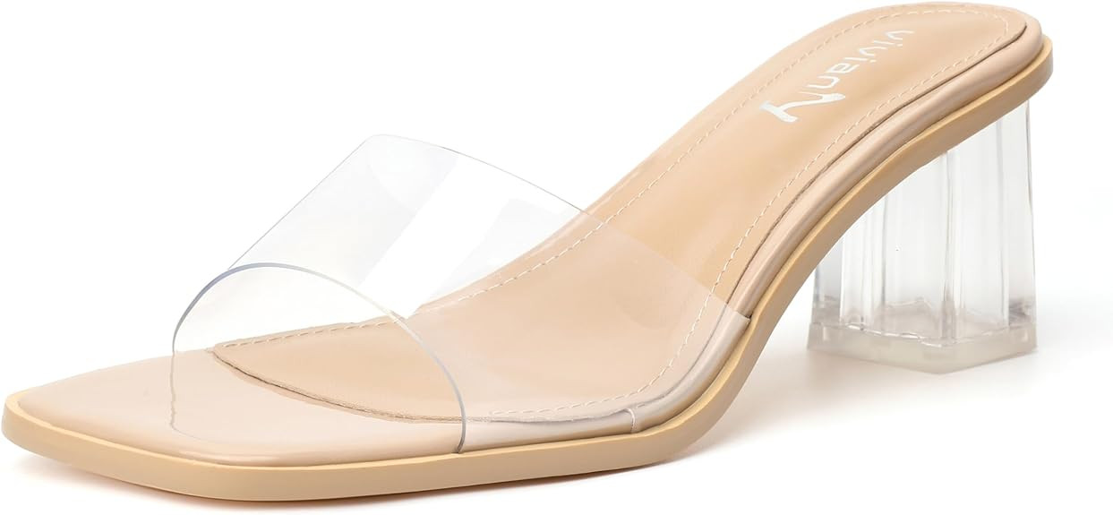 vivianly Womens Clear Heels Sandals Transparent Chunky Heels Backless Open Toe Slip on Mules Heel... | Amazon (US)