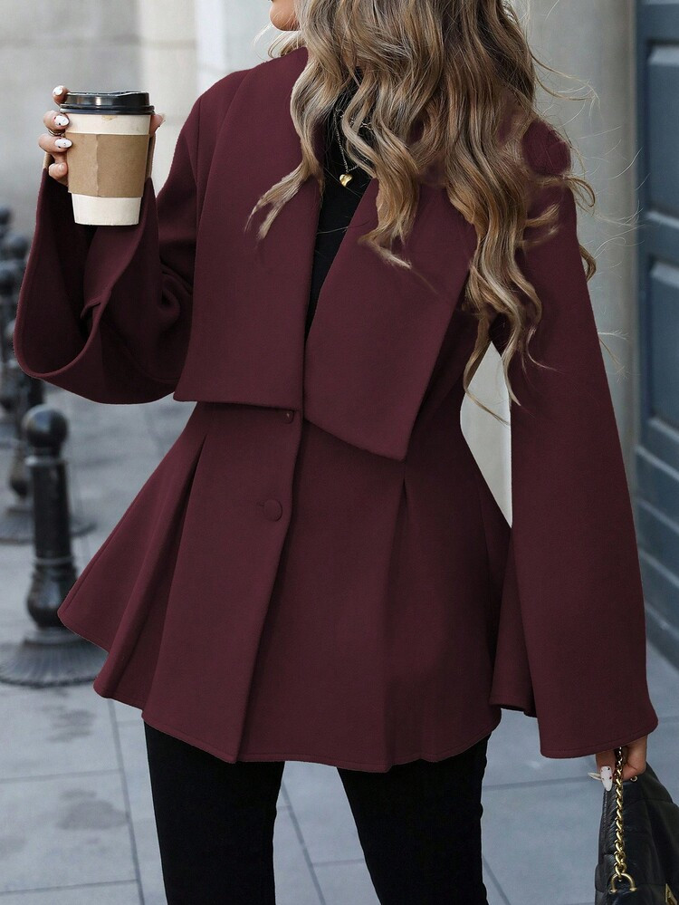 EMERY ROSE Women's Elegant Commuter Casual French Style Turndown Collar V-Neck Double-Breasted Open Front A-Line Pleated Flare Sleeve Loose Cuff Long Sleeve Overcoat, Suitable For Spring, Autumn And Winter | SHEIN