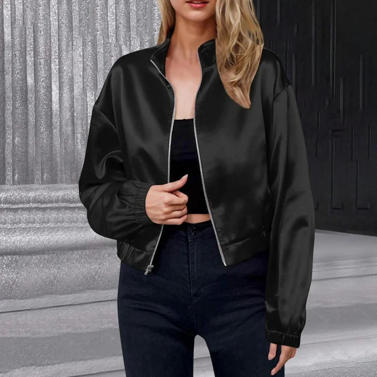 DAFPZW Women's Bomber Satin Lightweight Jacket Drop Shoulder Long Sleeve Zip Up Outerwear | Walmart (US)