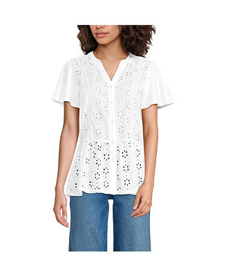 Women's Short Sleeve Mixed Media Eyelet Top | Macy's