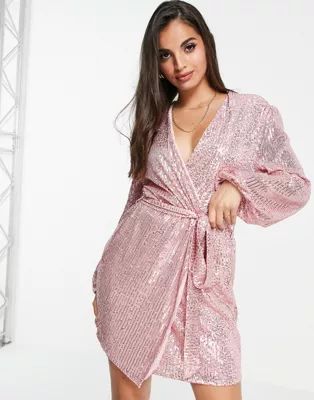 Style Cheat sequin wrap mini dress in dusty pink | ASOS | ASOS (Global)