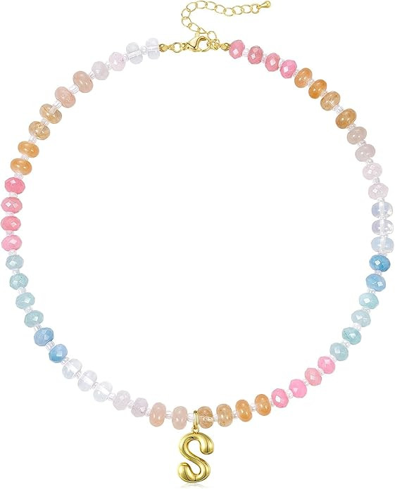 KissYan Initial Necklaces for Women, Colorful Beaded Gemstone Choker 14K Gold Bubble Letter Penda... | Amazon (US)