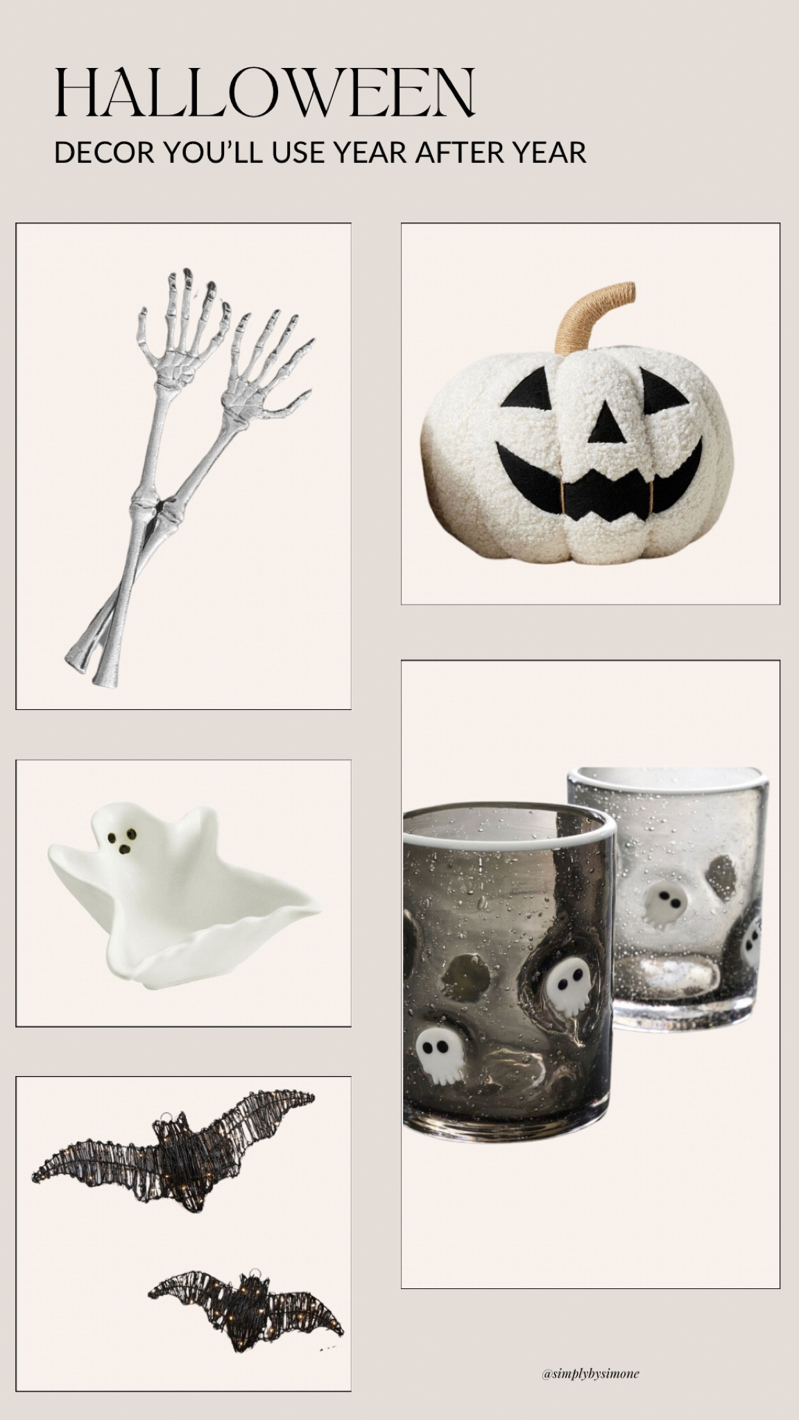Halloween home decor, pottery barn Halloween decorations, neutral halloween decorations, spooky halloween decorations, ghost water glasses, boucle white pumpkin pillow, ghost snack bowl, skeleton serving spoons, wicker bats 