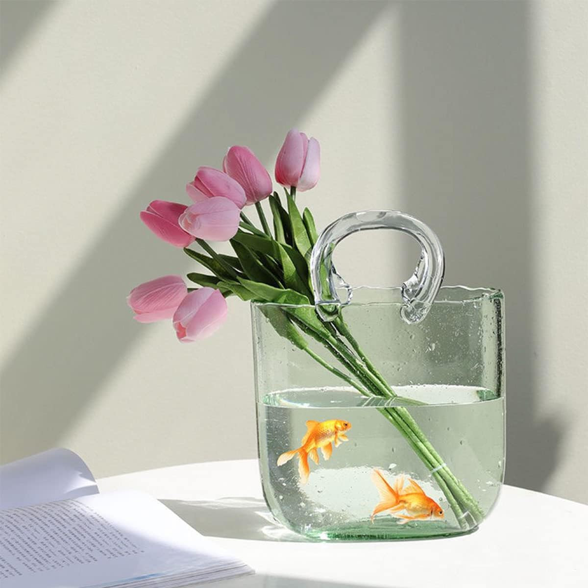 HEWEGO Light Green Glass Purse Vase Blowing by Hand,Multifunctional Clear Vase with Handle&Air Bu... | Amazon (US)