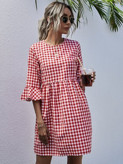 Gingham Print Keyhole Back Babydoll Dress | SHEIN
