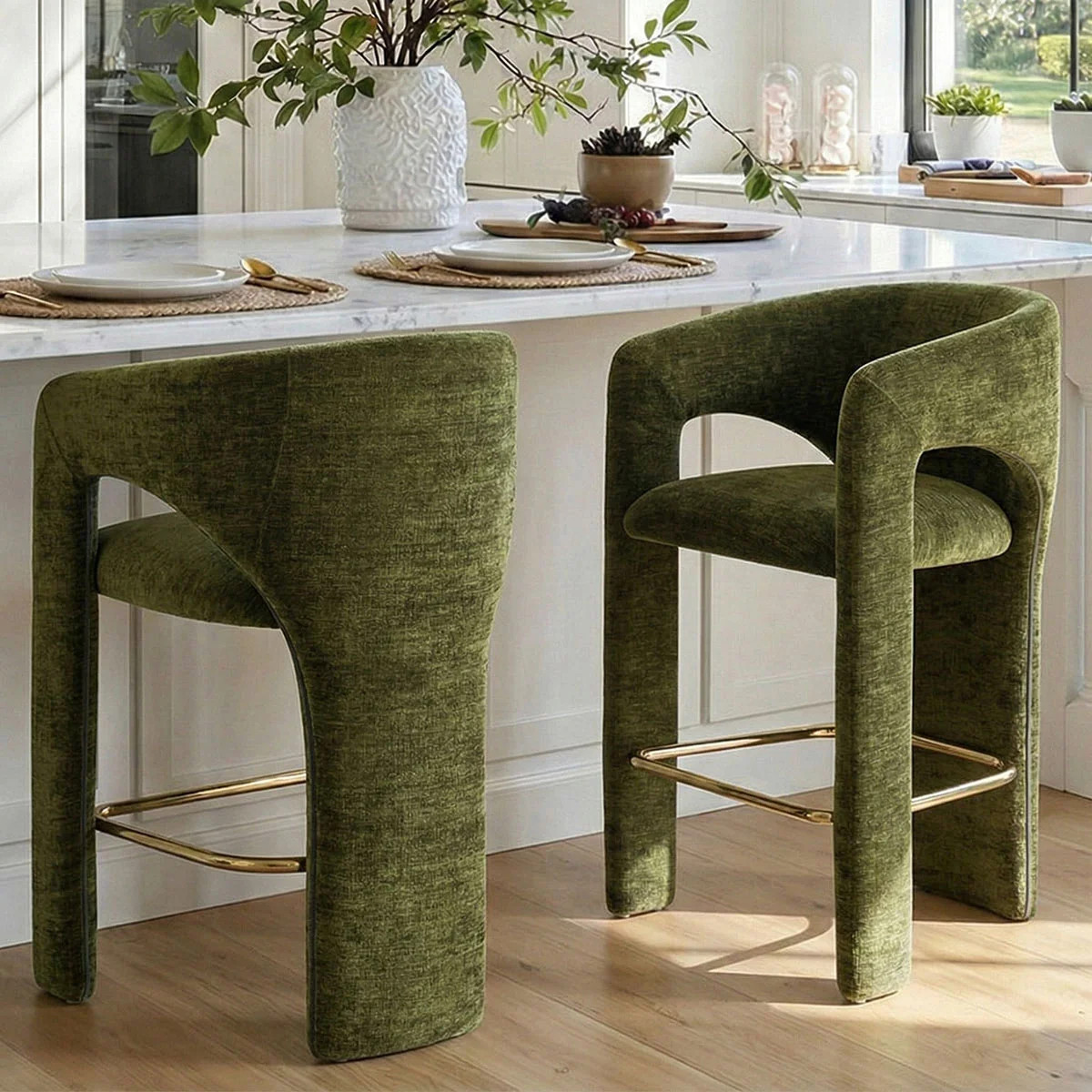 24.5" Modern Upholstered Counter Height Bar Stools With Barrel Back & Gold Footrest (Set of 2) | Wayfair North America
