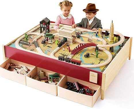 Tiny Land Large Wooden Train Table (47.9”x35.2”), 100PCS Train Set, 3 Storage Bins, Activity ... | Amazon (US)