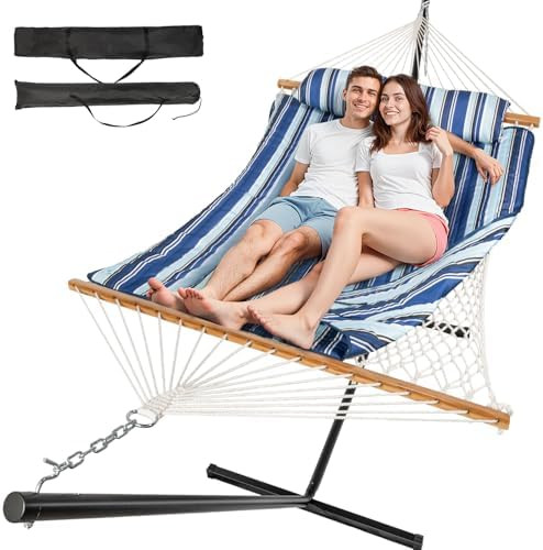 Everyfun Double Hammock with Stand, 2 Person Rope Hammock with Removable Quilted Pad, Adjustable ... | Amazon (US)