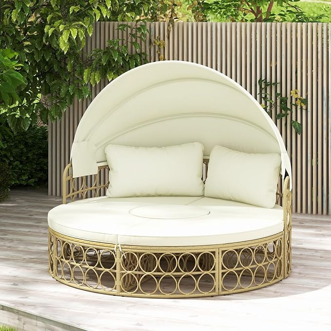 RELAX4LIFE Round Outdoor Daybed with Canopy - Wicker Rattan Sectional Sofa Sunbed w/Washable Cush... | Amazon (US)