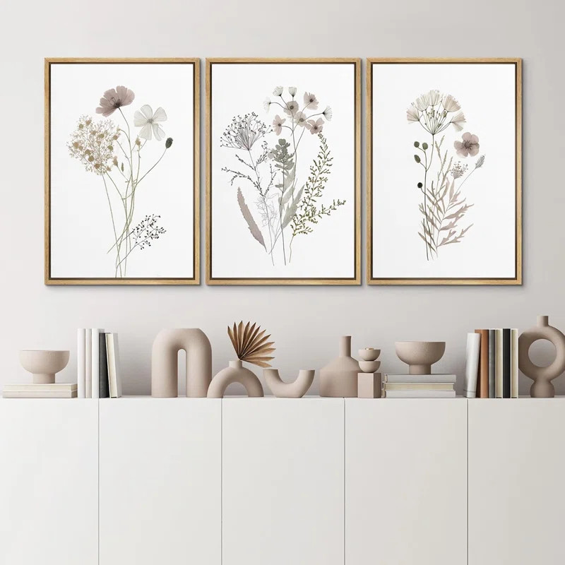 IDEA4WALL Wildflowers Floral & Botianical Neutral Minimlist Pictures Framed 3 Pieces Canvas Print... | Wayfair North America