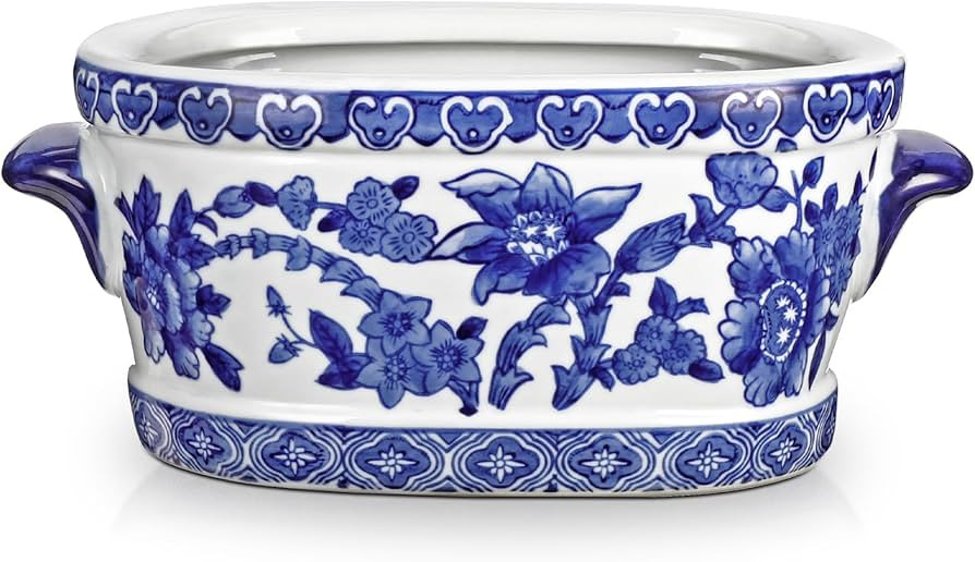 Blue and White Ceramic Planter Pot – Vintage Floral Oval Cachepot Vase for Indoor Plants, Flowe... | Amazon (US)