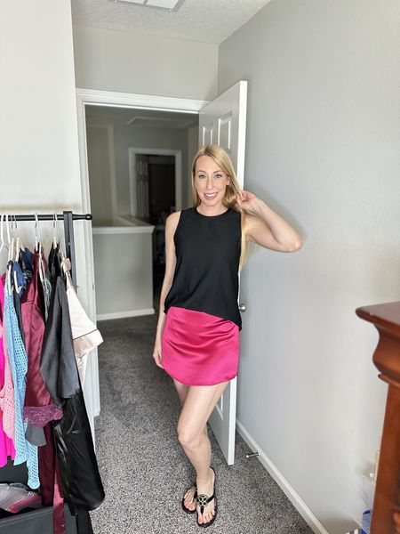 Mini satin skirt for spring paired with a loose eyelet top 
💕 wearing size small in both but recommend sizing up one on the skirt 

#LTKstyletip #LTKfindsunder50