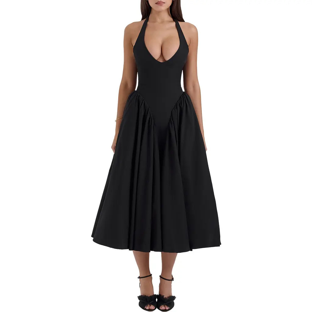 HOUSE OF CB Marilyn Gingham Halter Midi Sundress in Black at Nordstrom, Size Large | Nordstrom
