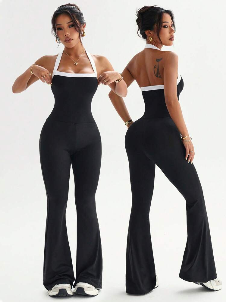 Dewbera Women's Yoga Outdoor Fitness Jumpsuit, Spaghetti Strap Contrast Color Backless Tank Top & Tight Flare Pants | SHEIN