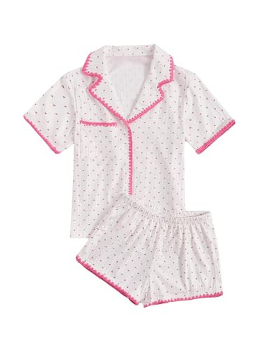 Verdusa Women's 2 Piece Button Front Short Sleeve Top and Short Sleepwear Pajama Sets White and Pink XL | Amazon (US)