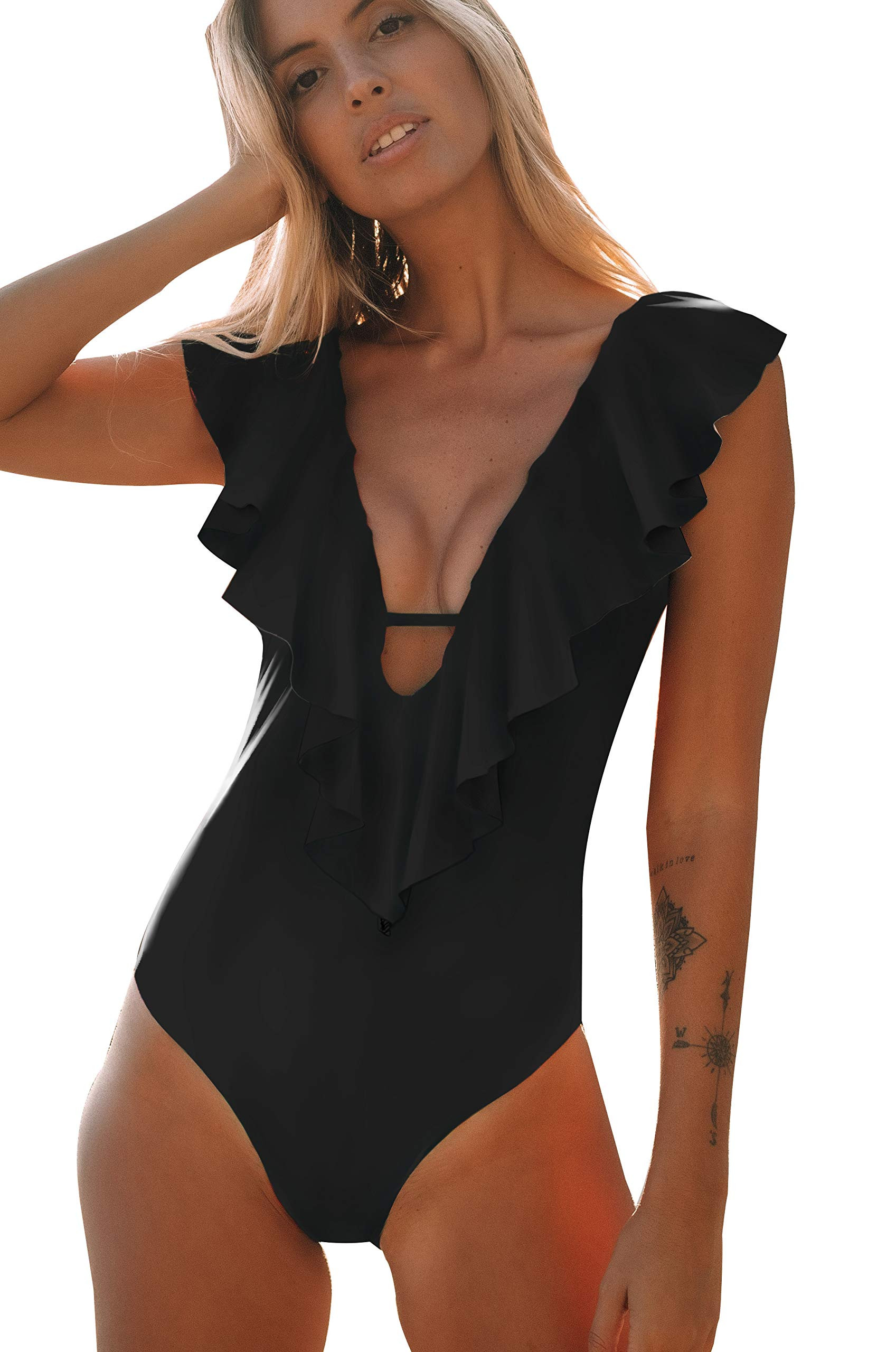 Sporlike Women One Piece Swimsuit V-Neck Ruffle Bathing Suit Padded Monokini | Amazon (US)