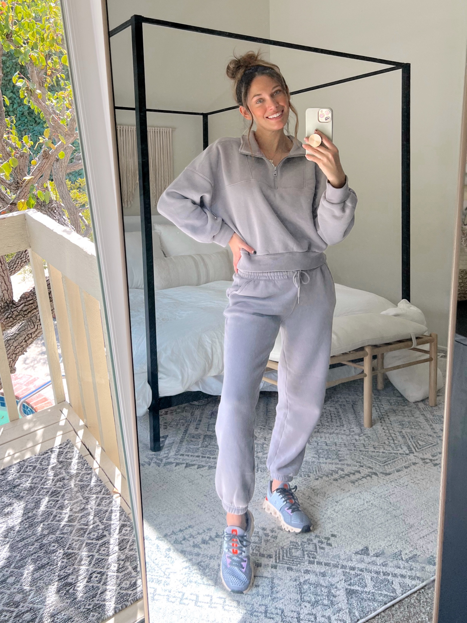 Wearing medium in sweatshirt 
Small in sweatpants 
I would size up 1/2 size in shoes 
:) 