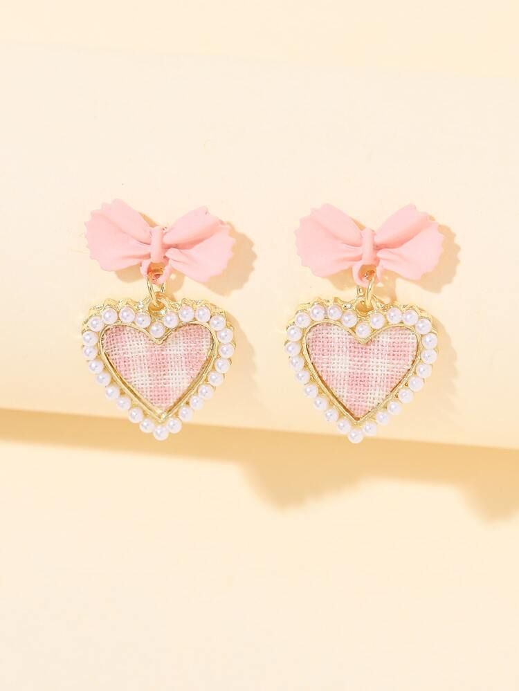 Faux Pearl Heart & Bow Drop Earrings | SHEIN