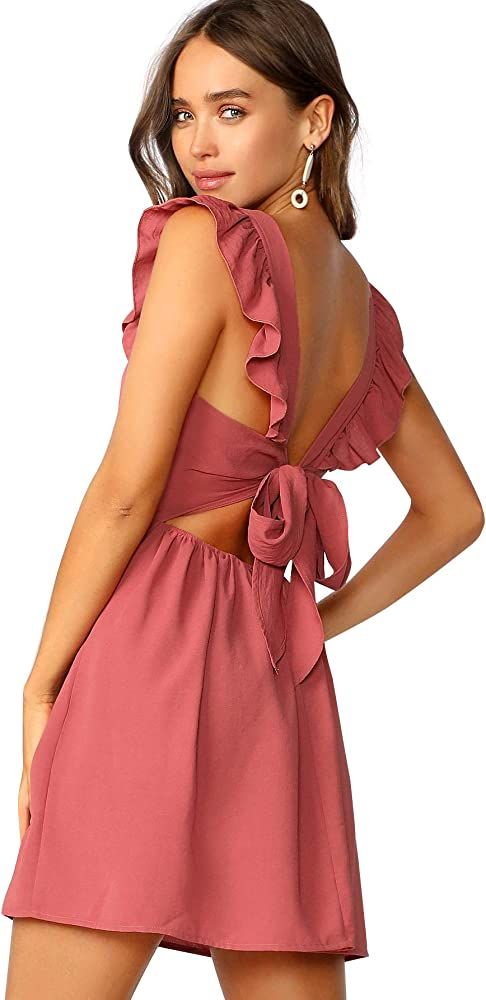 Romwe Women's Cute Tie Back Ruffle Strap A Line Fit and Flare Flowy Short Dress | Amazon (US)