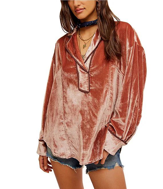 Free People We The Free Luxy Solid Velvet Collared V-Neck Long Sleeve Top | Dillard's | Dillard's