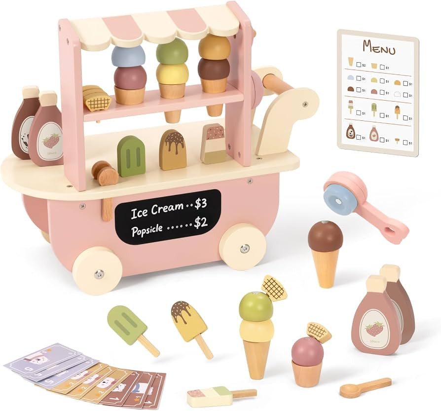 OOOK - Carrito de helado de madera para ni\u00f1os con cuchara y ruedas, accesorios completos    ... | Amazon (US)