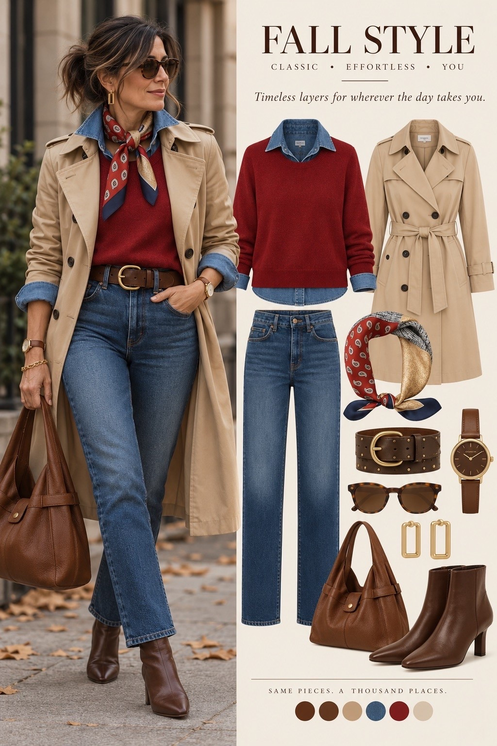 Classic fall style with a little personality. 🍂🤎

This is exactly what I love about fall dressing—taking timeless pieces and layering them in a way that feels polished but still completely wearable. A classic trench, denim shirt, cozy red sweater, great-fitting jeans and rich brown accessories create a look that feels elevated without trying too hard.

And that little scarf? Such an easy way to add color and make the whole outfit feel more interesting. ❤️

These are the pieces you’ll reach for year after year—not just for one season or one trend.

#LTKSeasonal #LTKOver40 #LTKootd