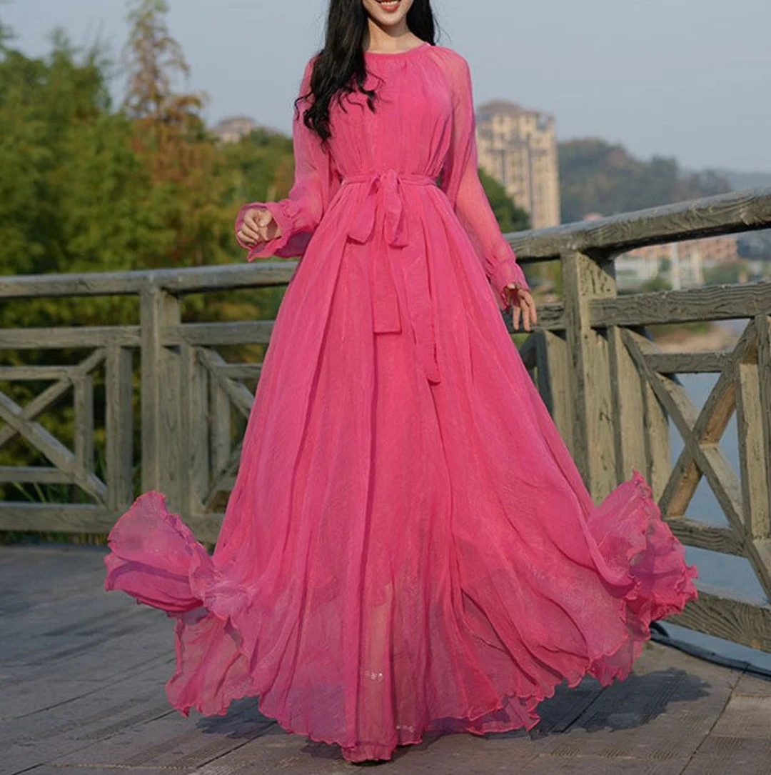 Maya Antonia Custom Color Tie-On Waist Chiffon Maxi/Long Dress, Long Sleeves/Loose,Wedding Guest/... | Etsy (US)