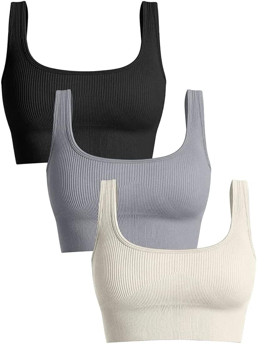 Women's 3 Piece Medium Support Tank Top Ribbed Seamless Removable Cups Workout Exercise Sport Bra | Amazon (US)