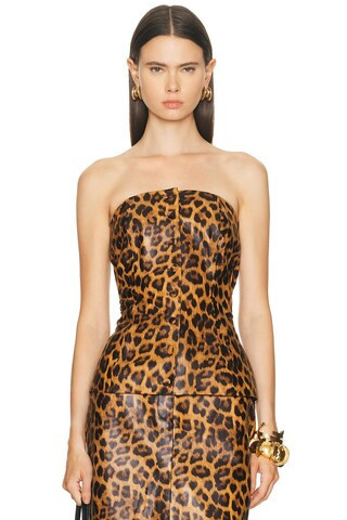 AEXAE Leather Bandeau Peplum Top in Brown | FWRD 