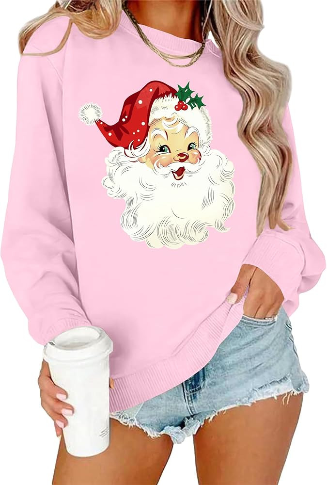 Christmas Sweatshirts for Women Retro Santa Claus Graphic Long Sleeve Shirt Xmas Pullover Tops | Amazon (US)