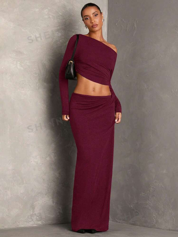SHEIN BAE Women's Gray Solid Date Night Minimalist Elegant Comfortable Asymmetric Neck Pleated To... | SHEIN
