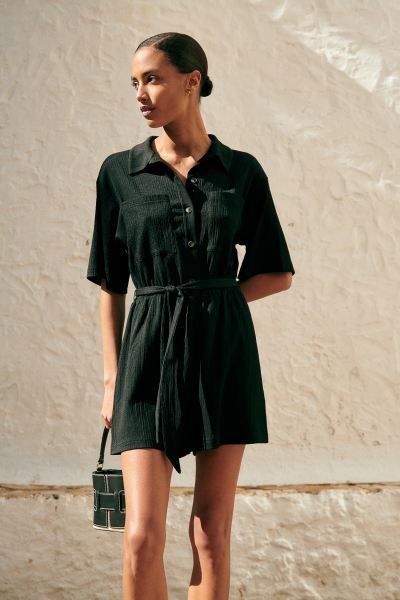 Textured Jersey Romper - Black - Ladies | H&M US | H&M (US + CA)
