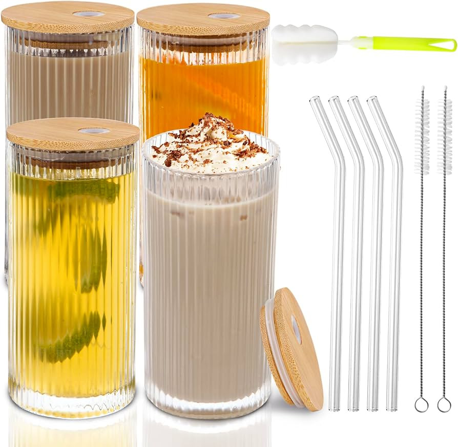 Aikio Ribbed Glasses,4 Set Drinking Glasses with Bamboo Lids and Glass Straws,Vintage Iced Coffee... | Amazon (UK)