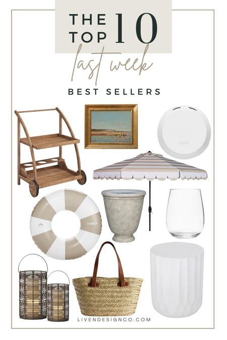 Last week bestselling items. Outdoor bar cart. Outdoor patio umbrella. Pura air home fragrance. Pool float. Patio decor. Home decor. Neutral decor. Beach painting. Coastal art painting. Seascape art. Stemless wine glasses. Outdoor drinkware. Planter. Urn. Outdoor planter. Outdoor lantern candle holders. Woven straw tote. Straw beach bag. Outdoor side accent table. Concrete table. 

#LTKSeasonal #LTKhome #LTKsalealert