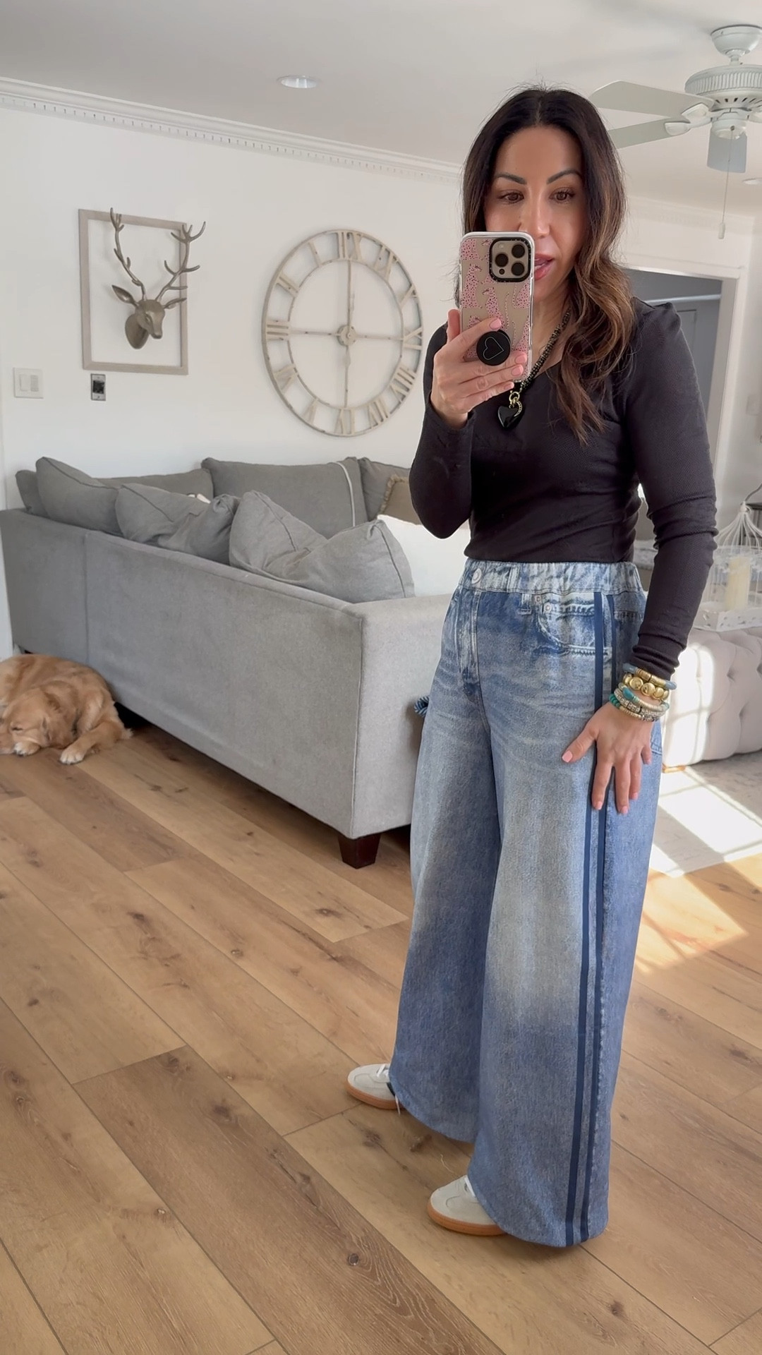 Small track pants. XS mesh top. Sneakers size down. Sweatpants jeans. Sweatpant jeans. Lounge jeans.

#LTKOver40