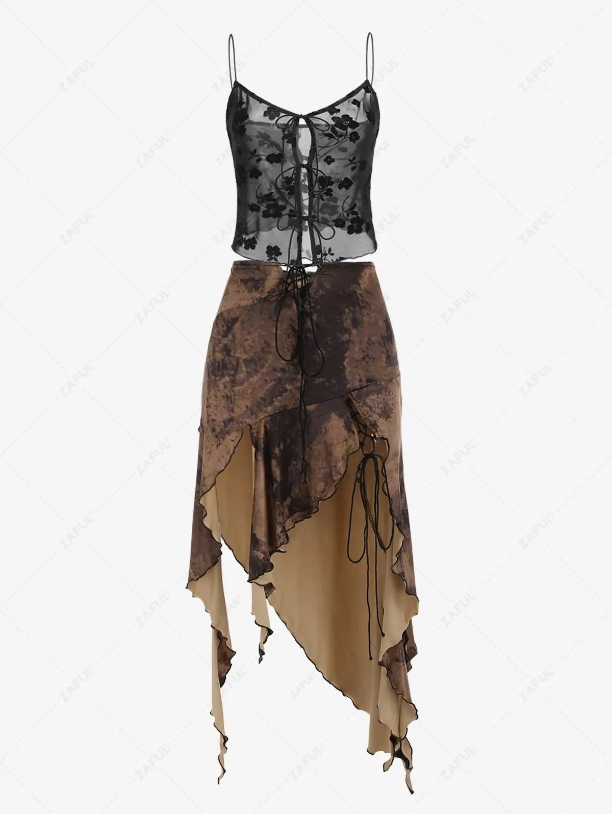 Women's Open Front Tie Floral Mesh Sheer Tank Top Lace Up Tie Dye Slit Asymmetric Hem Midi Skirt ... | Zaful - KR