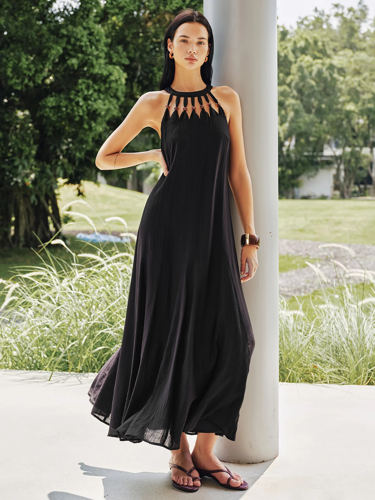 Bead Cutout Neck Crinkle Maxi Dress | Commense