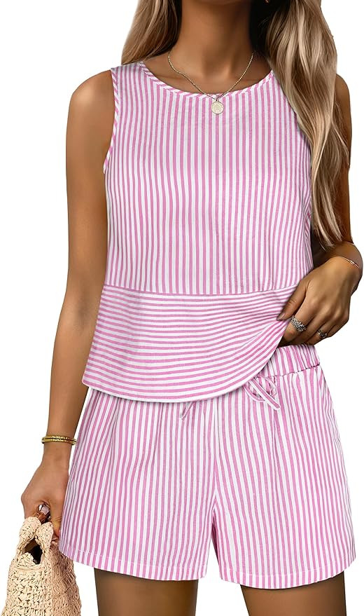 ANRABESS Womens 2 Piece Outfits Striped Summer Casual Sleeveless Tank Top Matching Shorts Lounge ... | Amazon (US)