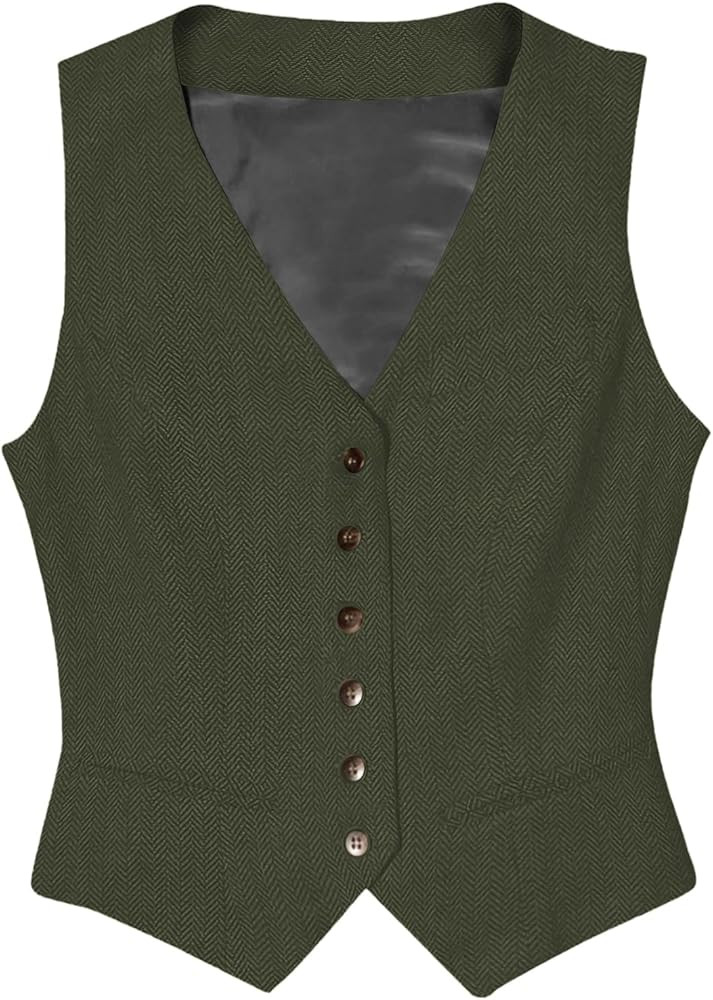 Tuikayoo Womens Herringbone tweed Sleeveless Slim Fit Button Down Top V Neck Outerwear Waistcoat ... | Amazon (US)