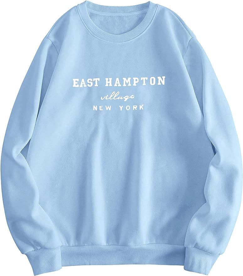 Lauweion Women’s East Hampton Letter Print Graphic Sweatshirt Oversized Drop Shoulder Fleece Te... | Amazon (US)