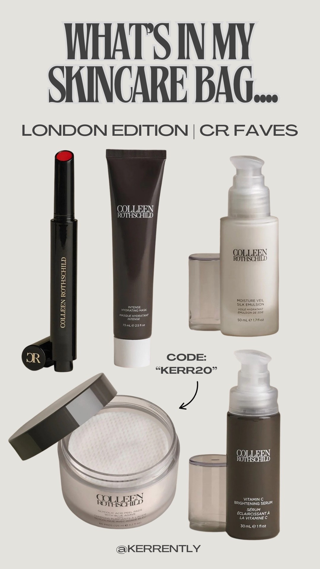 What @collenrothschild products are currently in my bag 🇬🇧🇬🇧🇬🇧 Use code “KERR20” to get 20% off sitewide! #CRPartner

#LTKdayinmylife #LTKTravel #LTKselfcare