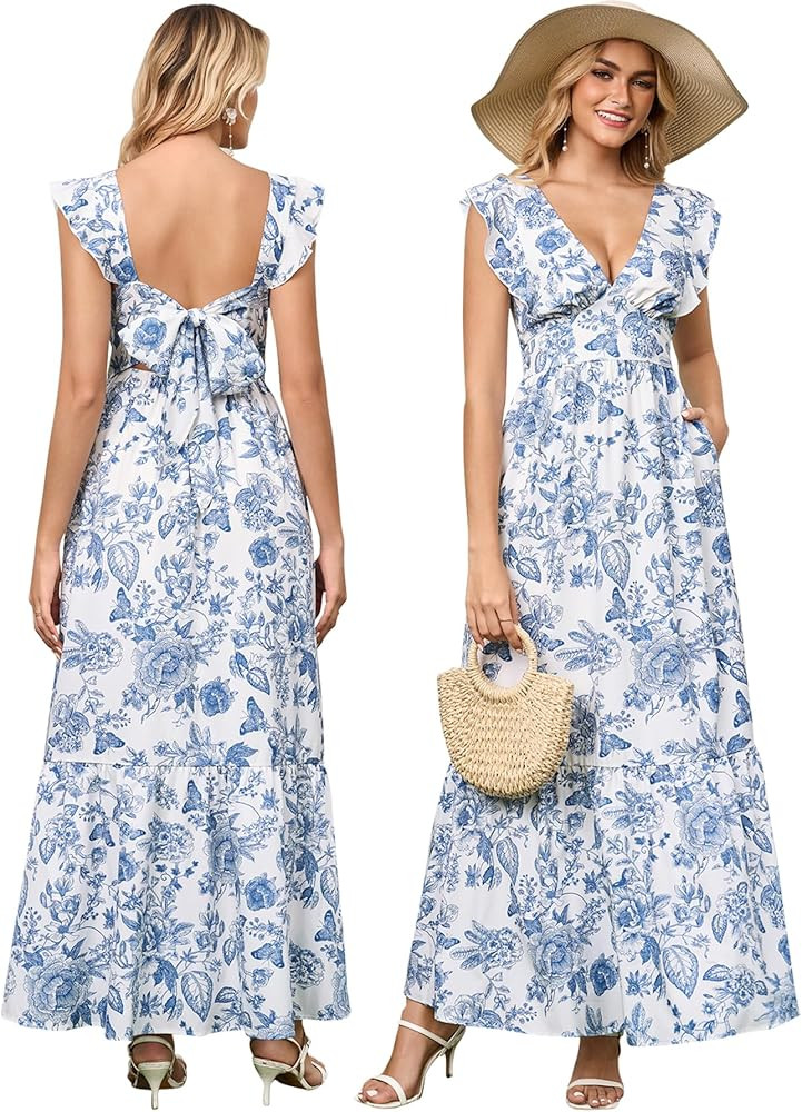 HTZMO Womens Floral Bow Tie Summer Maxi Dresses V Neck Ruffle Flutter Sleeve Casual Boho Long Sun... | Amazon (US)