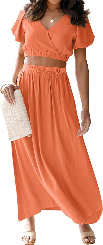 MEROKEETY Women's Summer Two Piece Outfits V Neck Puff Sleeve Crop Top and Flowy Maxi Skirt Set | Amazon (US)