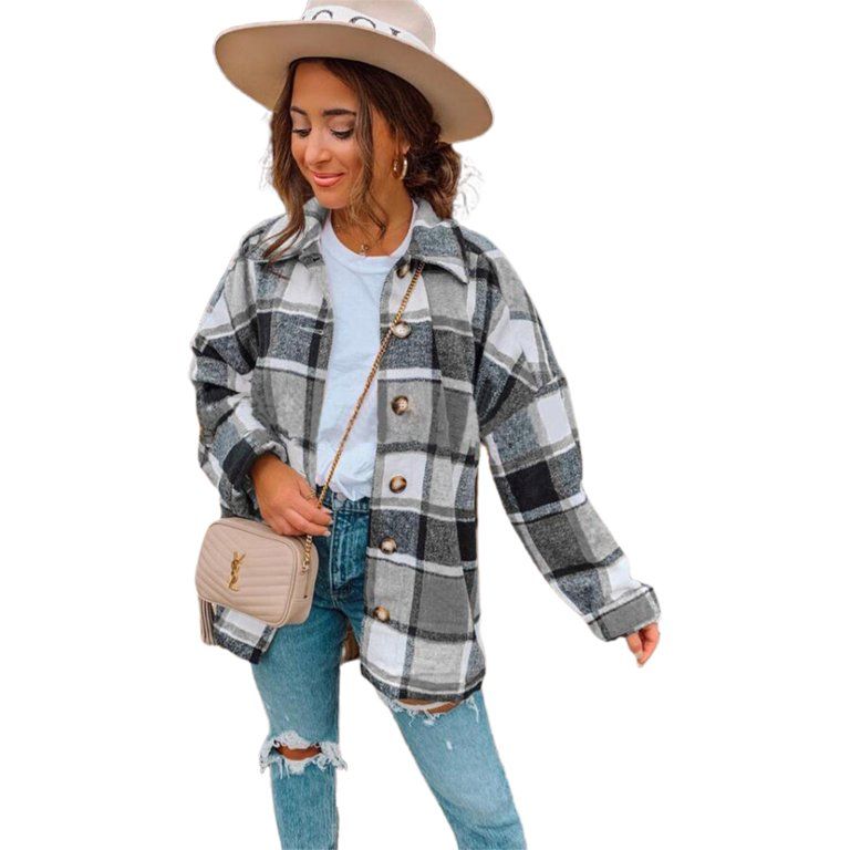 Powerdelux Women's Fall Color Block Plaid Flannel Shacket Jacket Button Down Shirt Coat Tops | Walmart (US)