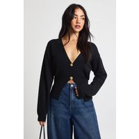boohoo Women's Gold Button Detail Knitted Cardigan in Black | Size: Small | Denim | boohoo (US & Canada)
