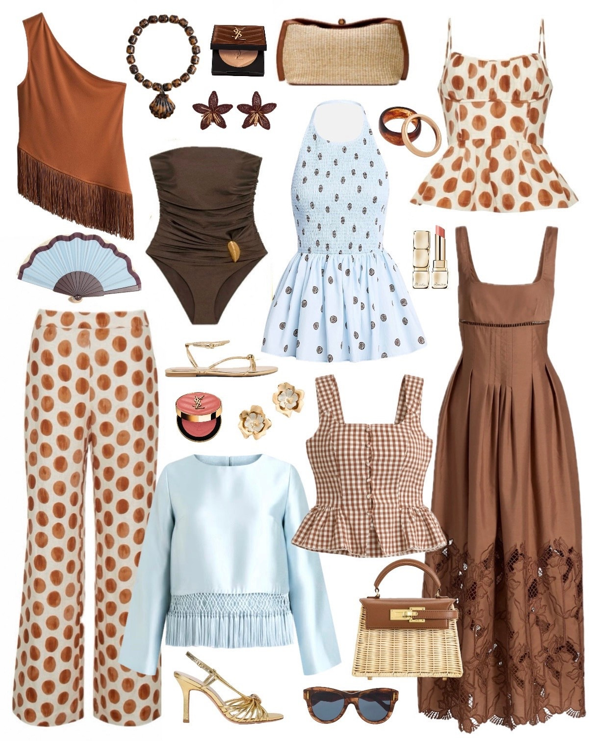 Brown and blue spring finds 🤎💙 have the gingham peplum top and love it (shared it yesterday!) 😍 ✨spring outfit ideas spring dresses brown dress eyelet dress polka dot top pants fringe top target H&M tuckernuck folding fan beach vacation outfit 2026 spring bags summer sandals gold sandals feminine style classic timeless outfits 