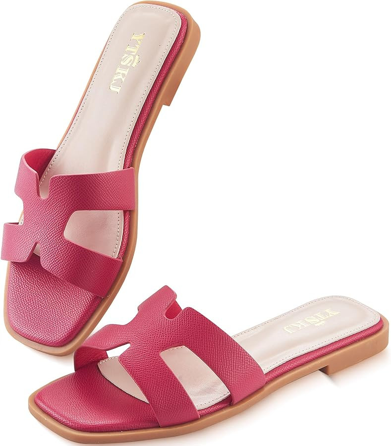 Sandals for Women 2026 Dressy Slides Flat Open Toe Comfortable Soft Leather Slip On Ladies Casual... | Amazon (US)