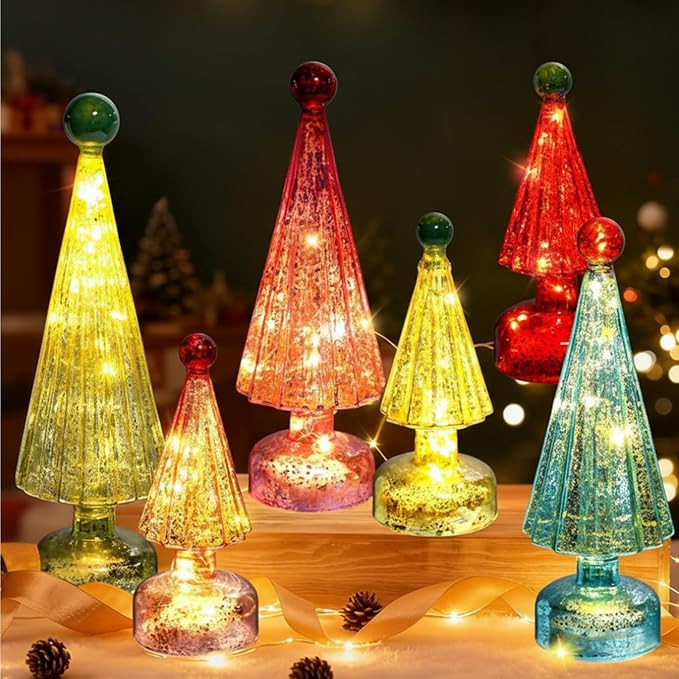 Yungyan 6 Pack Mercury Glass Christmas Trees Tabletop Decorations LED Light Up Battery Operated P... | Amazon (US)